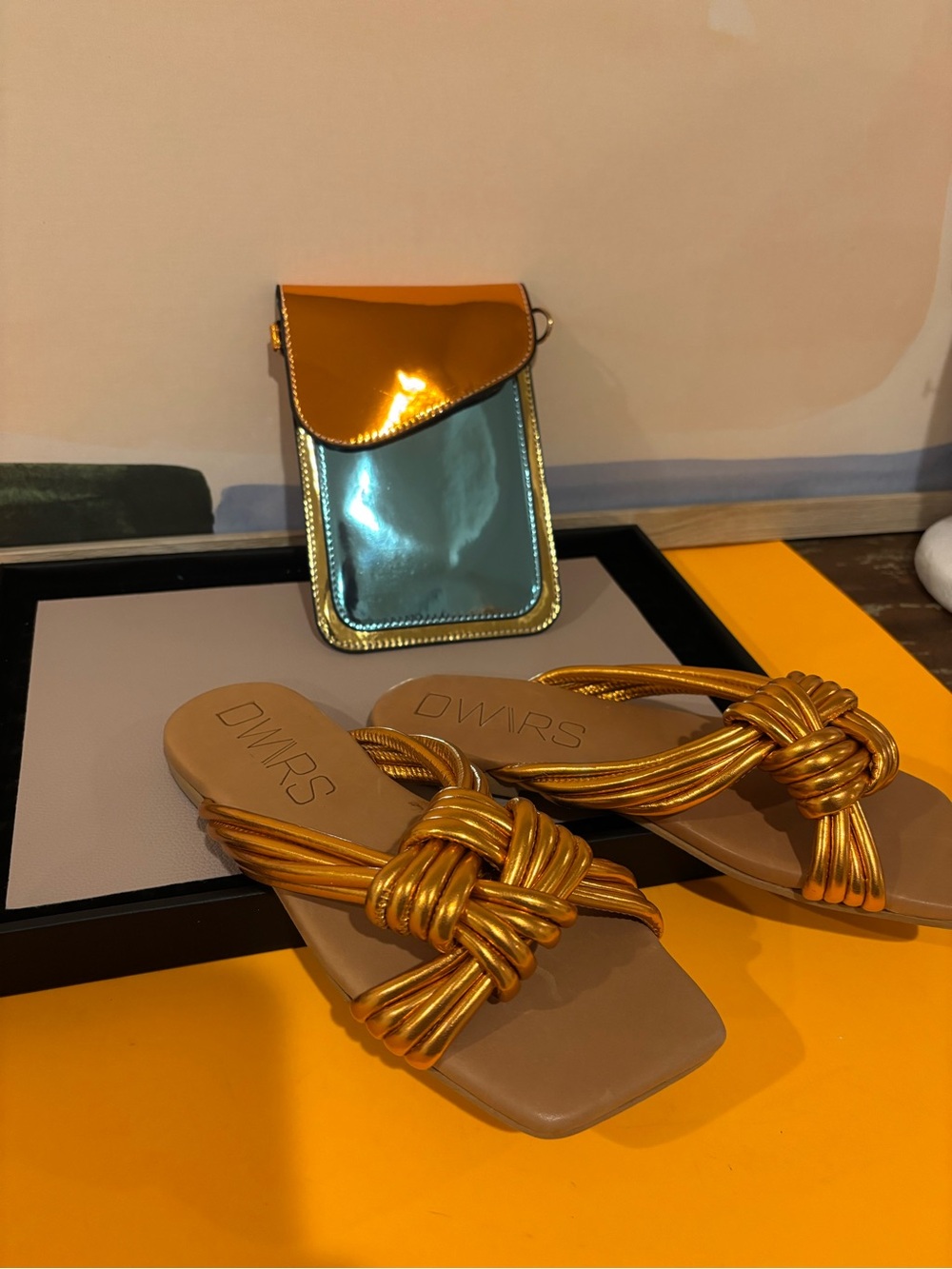 Gold Knot Slide Sandals with Metallic Crossbody Pouch
